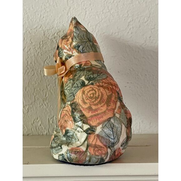 Vintage Porcelain Paper Mache Patchworks Calico Cat Figurine by Joan Baker Pink - Picture 2 of 6